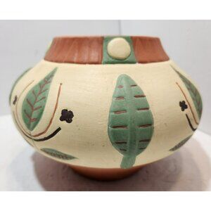 Vintage Southwestern Pottery Vase Round with Leaves Tan Green Brown 6" Tall